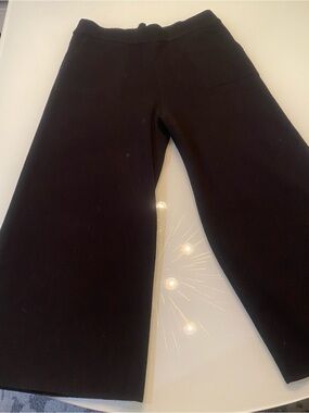 White + Warren Wool Cashmere Wide Leg Cropped Knit Pants Black Pocket Slit Mediu